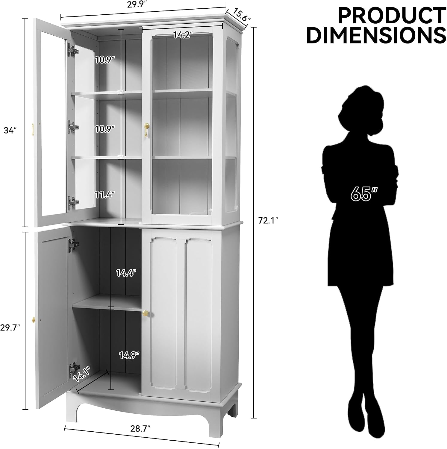 ARTPOWER 72" Freestanding Kitchen Pantry Storage Sideboard, Classical Tall Cabinet with Glass Door and Adjustable Shelves for Kitchen, Livingroom and Dining Room, White