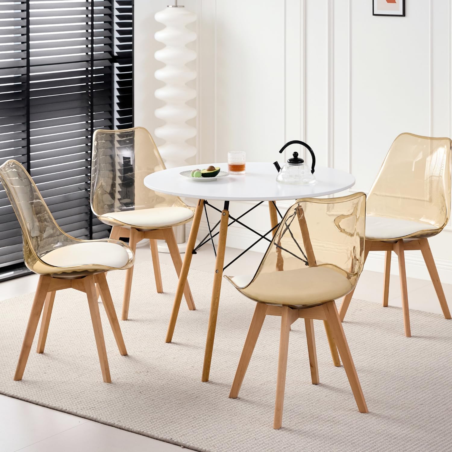 Dining Chairs Set of 4, Clear Acrylic Mid Century Modern Kitchen Chairs with Soft Padded and Wood Legs for Dinner Living Waiting Room Bedroom, Light Brown