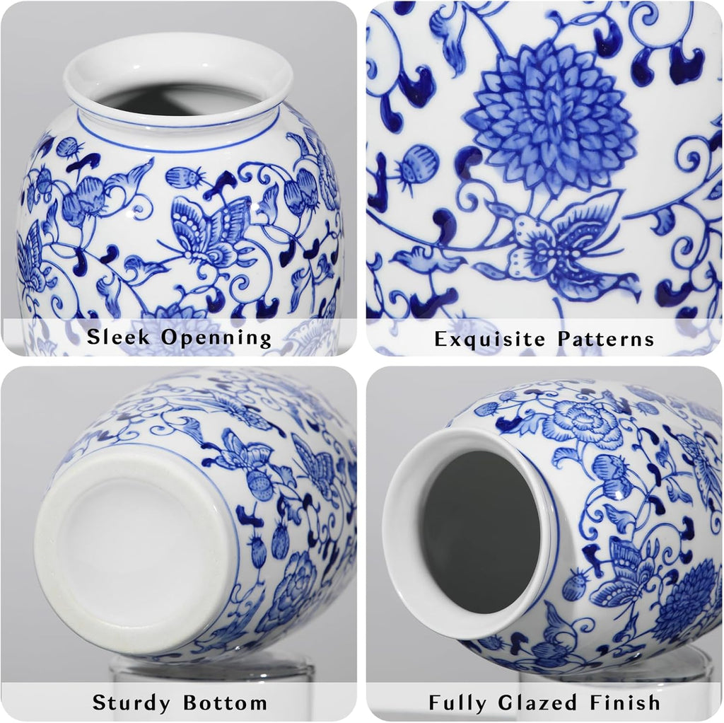 Blue and White Vase, Blue Ceramic Vase for Home Decor 8.9" Chinoiserie Vase for Flowers Blue and White Porcelain Flower Vase for Living Room, Bathroom, Dinner Table Centerpieces