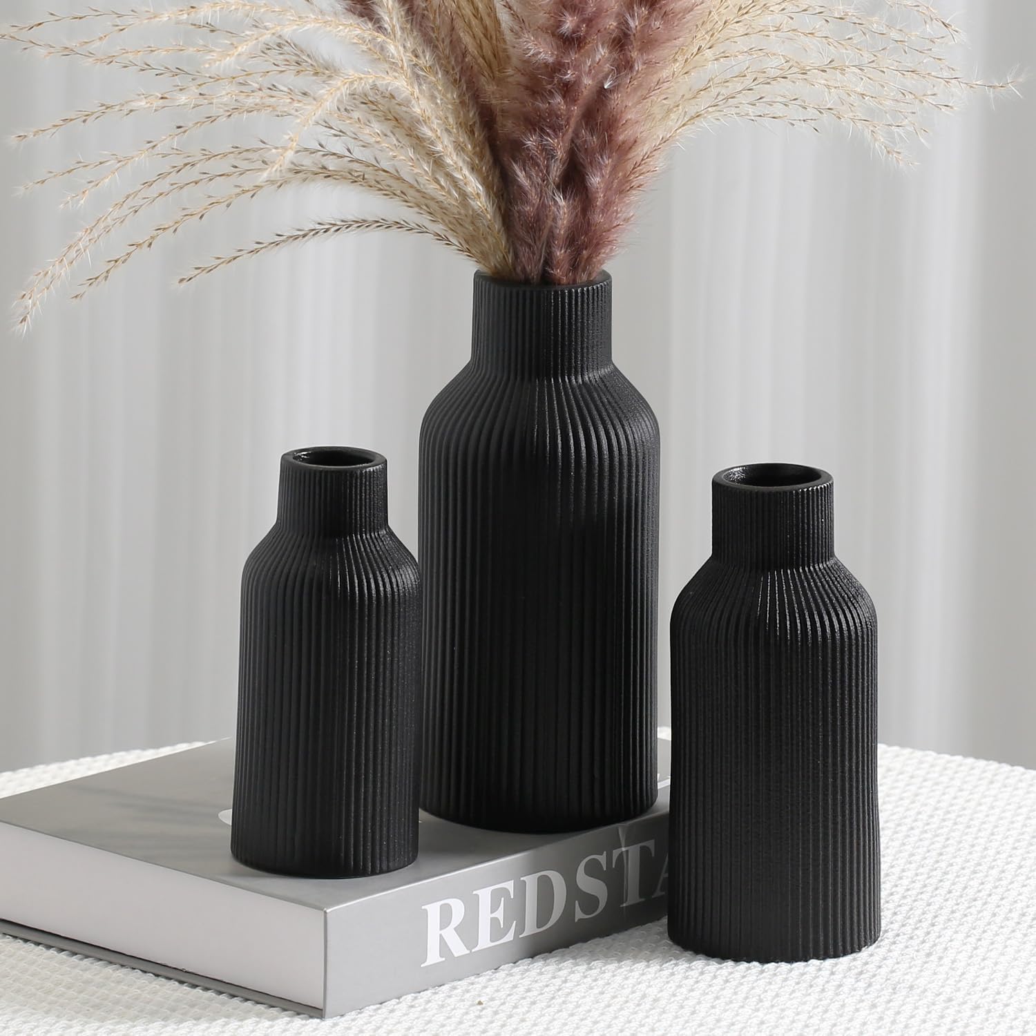 Bohemian Black Ceramic Vase - for Pampas Grass, Mantel, Bookshelf, Entryway and Living Room Decor (Black, Set of 3)