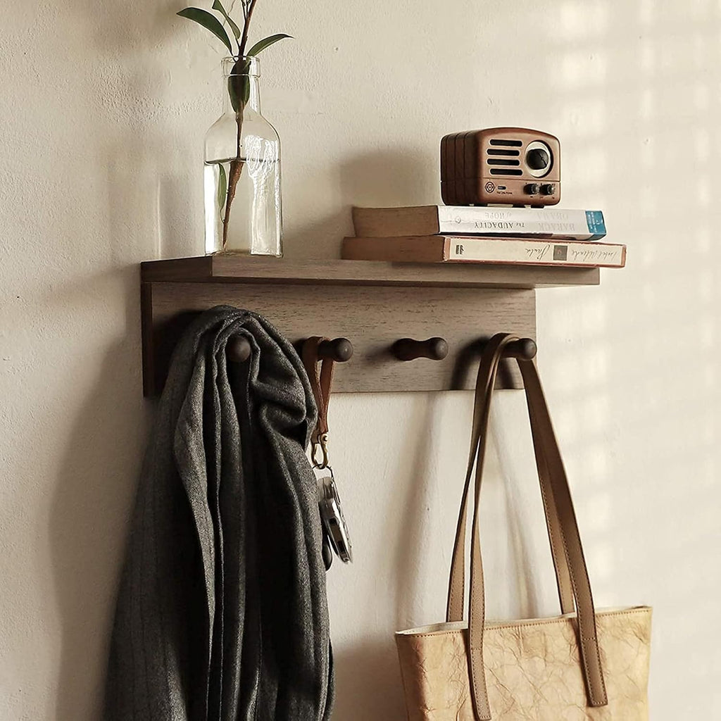 Entrance Coat Rack ，Coat Hooks, Wall-Mounted Wooden Hook Rack, Wall-Mounted Shelves are Very Suitable (Walnut Color Finish—A-2)