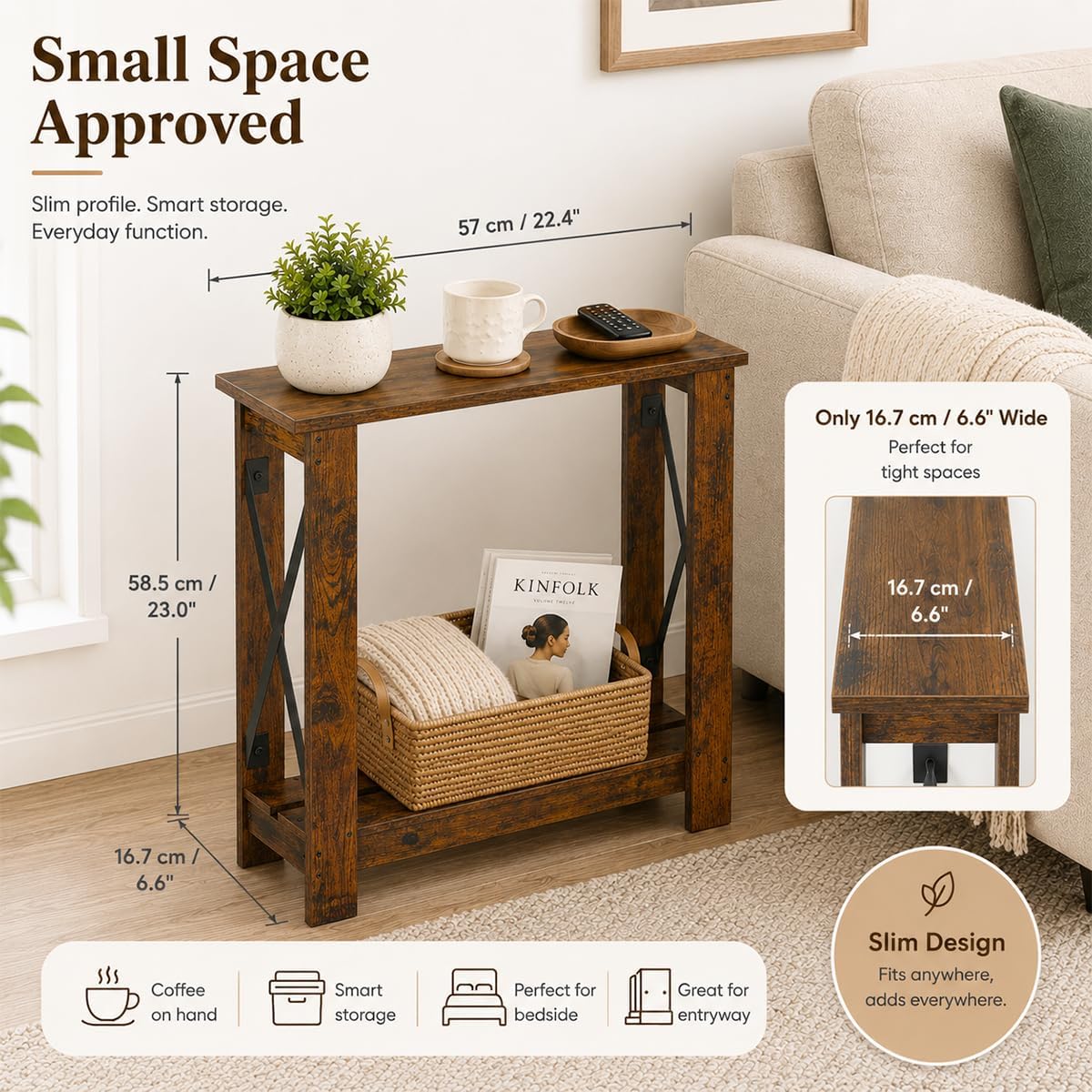 Slim Side Table, 6.6 Inch Ultra Narrow End Table with 2 Tier Storage, X-Frame Small Accent Table for Small Spaces, Gap Solution for Couch, Sofa and Living Room, Rustic Brown