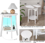 sthmec Round End Table with Charging Station, White LED Small Side Table for Small Space, USB Power Oulets & LED Strip, 2-Tier Round Accent Table Couch Sofa Nighstands for Living Room, Bedroom, White