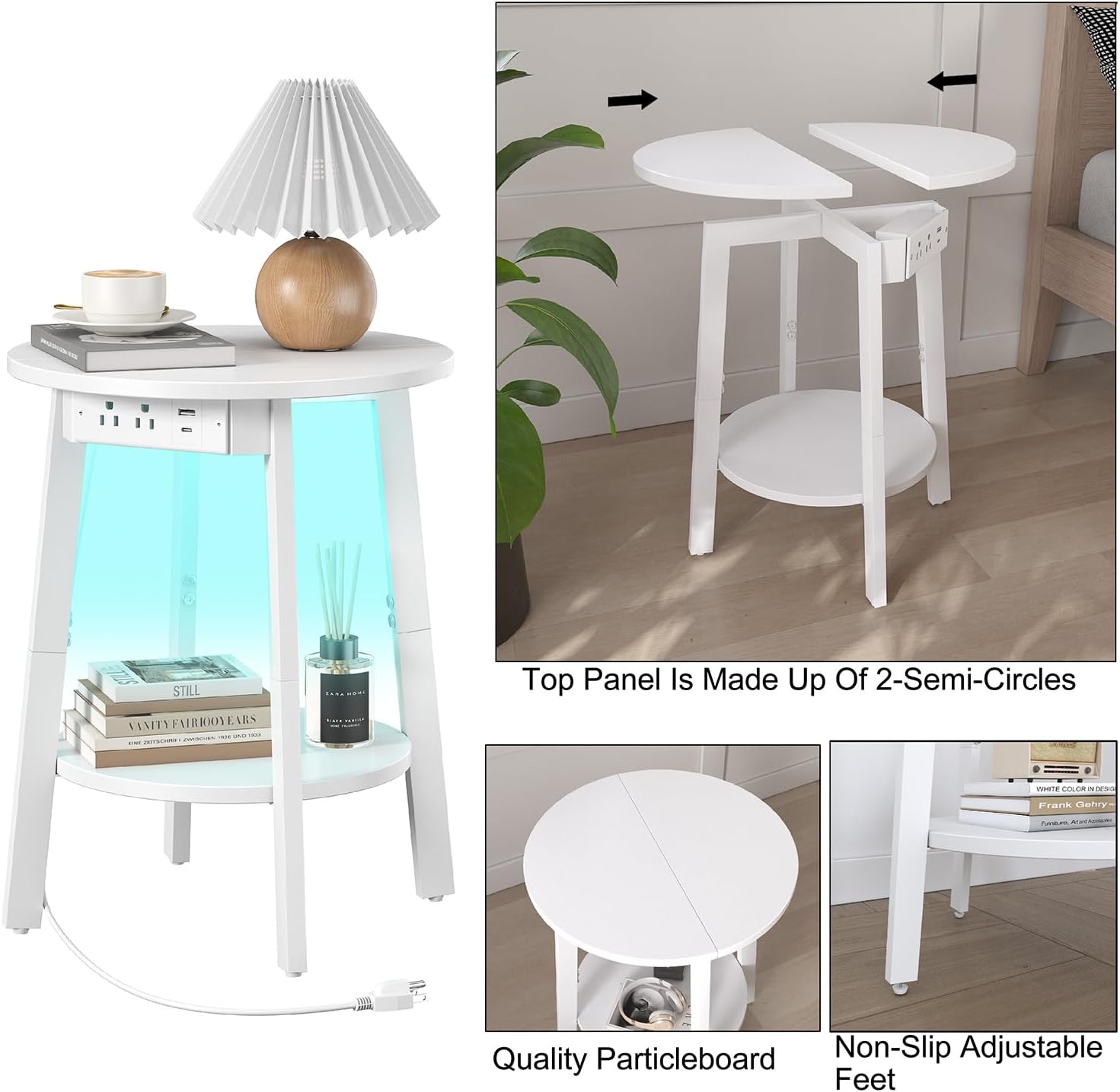 sthmec Round End Table with Charging Station, White LED Small Side Table for Small Space, USB Power Oulets & LED Strip, 2-Tier Round Accent Table Couch Sofa Nighstands for Living Room, Bedroom, White