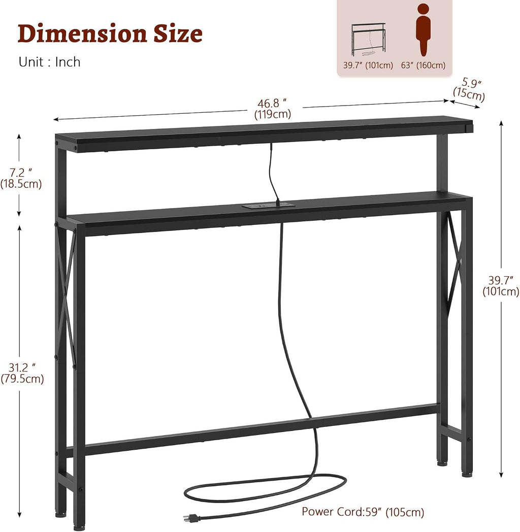 FAVOOSTY 46.8" Skinny Console Table with Charging Station and LED Light, 5.9" Narrow Sofa Table with Power Outlets and Type C & USB Port, Behind Couch Table for Living Room, Hallway, Entryway, Black