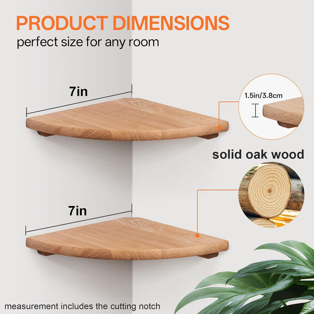 Gieanoo Floating Corner Shelves for Wall Set 2 7inch Solid Oak Rounded Corner Shelves Wall Mounted with Cable Hole Wood Corner Hanging Shelves for Living Room Bedroom Bathroom Kitchen