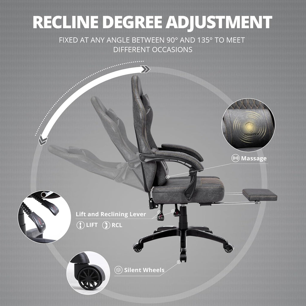 Dowinx Gaming Chair, Breathable PU Leather Gamer Chair with Memory Foam, Pocket Spring Cushion and Footrest, Big and Tall Ergonomic Reclining Computer Chair with Massage Lumbar Support, Deep Gray