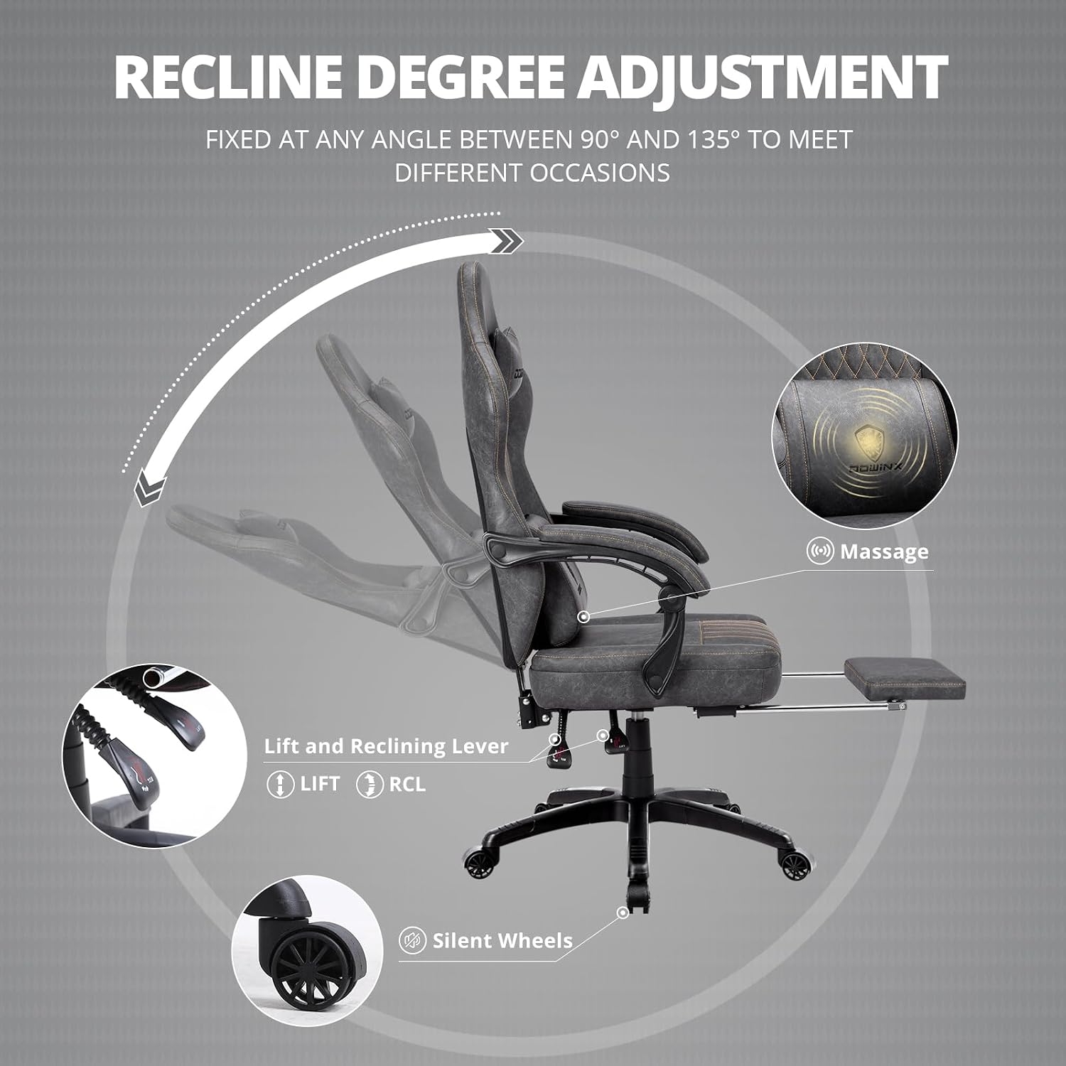 Dowinx Gaming Chair, Breathable PU Leather Gamer Chair with Memory Foam, Pocket Spring Cushion and Footrest, Big and Tall Ergonomic Reclining Computer Chair with Massage Lumbar Support, Deep Gray