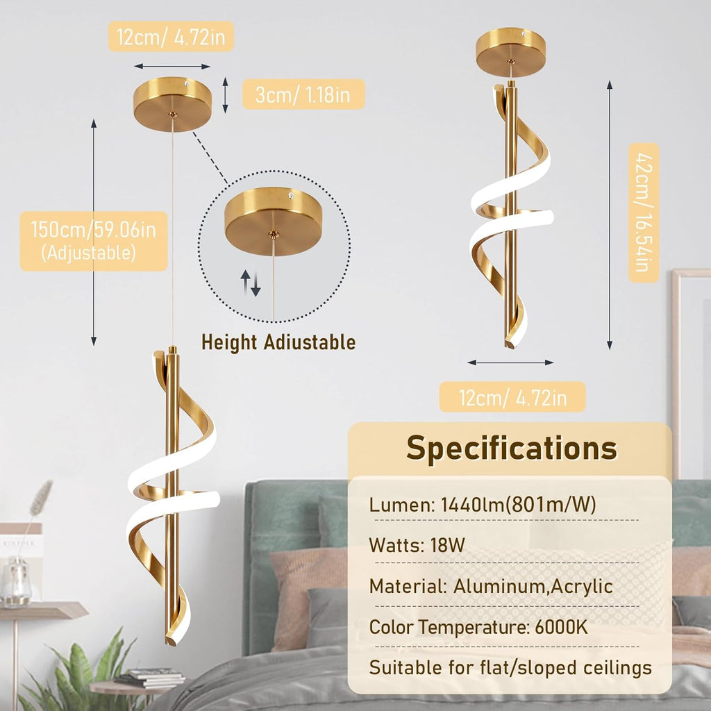 Spiral Led Pendant Light Fixtures, 5500K Gold Modern Led Pendant Light Kitchen Island, Adjustable Height Kitchen Island Lights Fixtures for Dining Room Bedroom Sink
