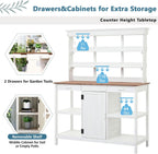 66” Large Outdoor Potting Table with 2 Drawers, Cabinet, Open Shelves, Wooden Potting Bench for Garden, Patio, Farmhouse, Backyard, Spacious Workstation (White, 66")