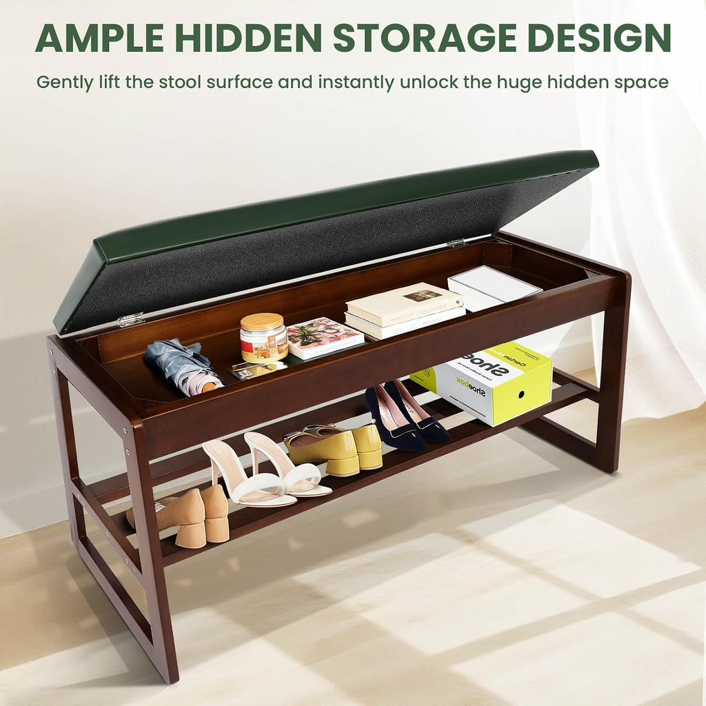 FAHKNS 2-Tiers Shoe Rack Bench 39.4" Shoe Bench with Flip-Top Storage Box, Rubberwood Entryways Shoes Rack for Hallway, Living Room, Bedroom, Closet