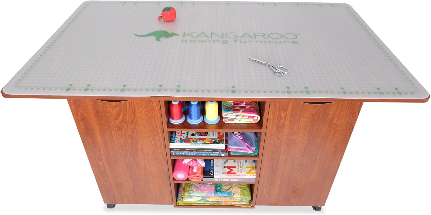 Kangaroo Kookaburra Cutting Table – Large Sewing, Quilting & Craft Workstation with Expandable 70” x 40” Surface, Storage Drawers, Shelves & Rolling Locking Casters, Teak Finish