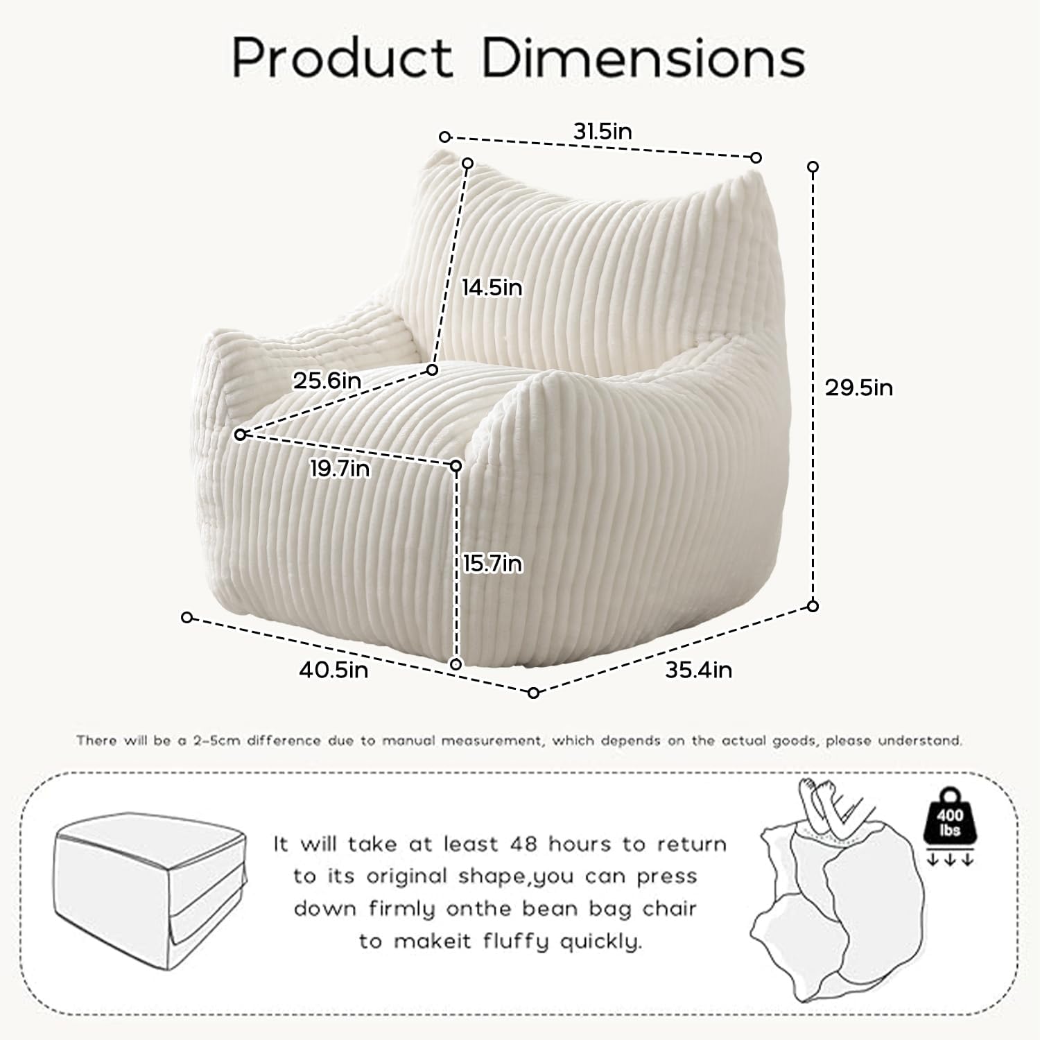 Giant Bean Bag Chair for Adults, Oversized Beanbag Sofa with Armrests and Back Support, Filler Included, Ultra Soft Stuffed Floor Couch for Bedroom Reading Lounging, Living Room