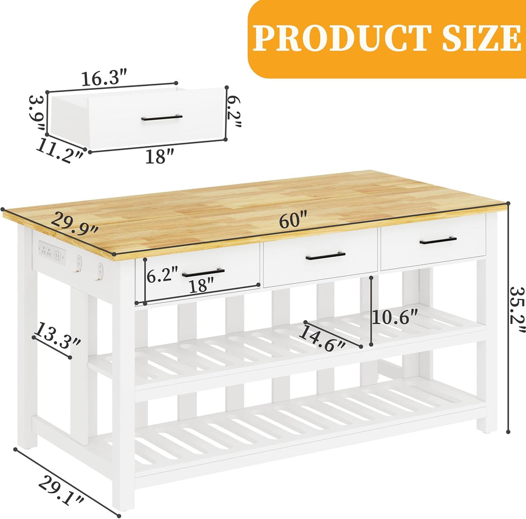 DynJest 60" Solid Rubberwood Kitchen Island with Power Outlets - Extra Large Work Surface, 3 Drawers & 2 Open Shelves Storage Cabinet for Kitchen Dining Room, Farmhouse Style (White)