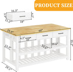 DynJest 60" Solid Rubberwood Kitchen Island with Power Outlets - Extra Large Work Surface, 3 Drawers & 2 Open Shelves Storage Cabinet for Kitchen Dining Room, Farmhouse Style (White)