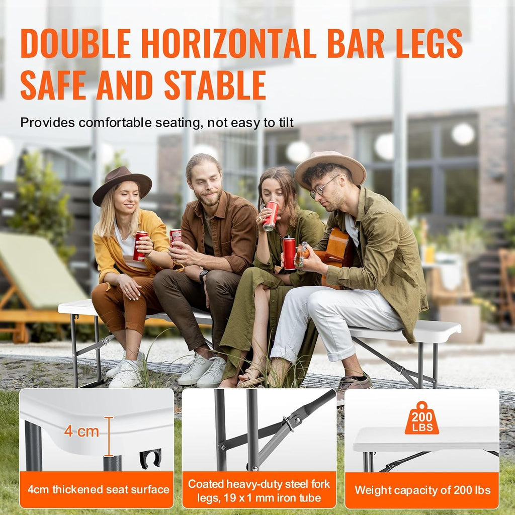 2-Pack 6FT 4cm Thick HDPE Folding Benches for Indoor/Outdoor, Picnic, Party, Camping Events, Smooth White