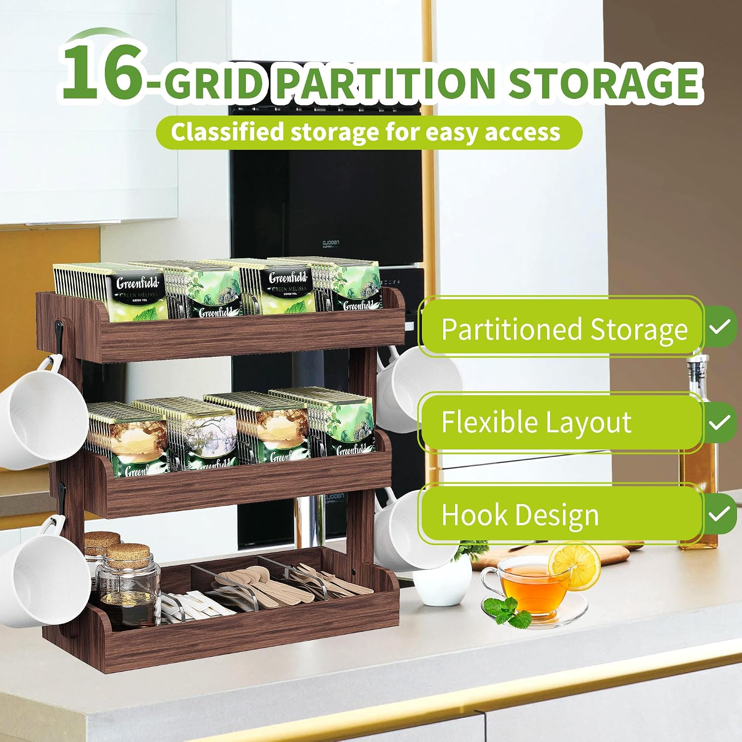 3 Tier Tea Bag Organizer Wall Mounted, Wooden Tea Box Organizer for Cabinet | Tea Bag Holder with Partitions and 4 Hooks, Tea Rack for Office, Kitchen, Cabinet, Pantry, Tea Organizers and Storage