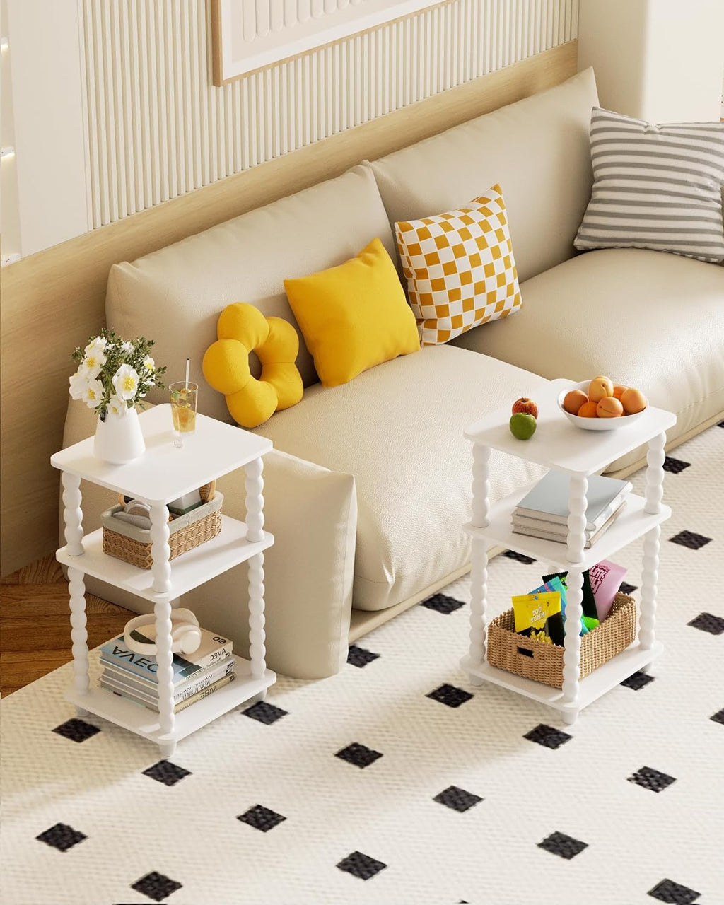 Tohiasen 3 Tier Side Table - Compact End Table with Solid Wood Legs, Small Nightstand with Open Shelves for Living Room Bedroom Office Nursery Small Spaces (White, Rectangular)