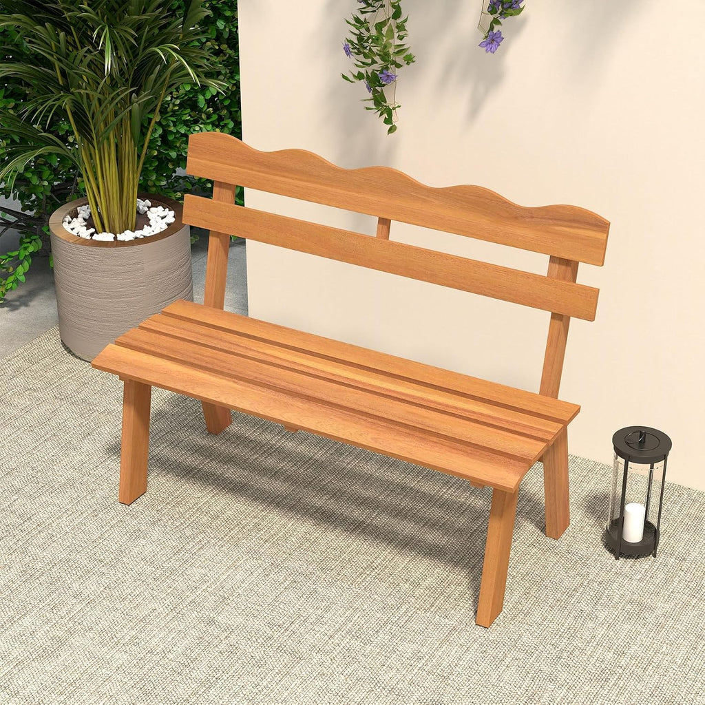 Tangkula Acacia Wood Outdoor Bench with Backrest, 2-Person Patio Garden Bench with Waved Backrest and Slatted Seat, 800 lbs Weight Capacity, Outside Loveseat for Front Porch, Balcony, Backyard, Park