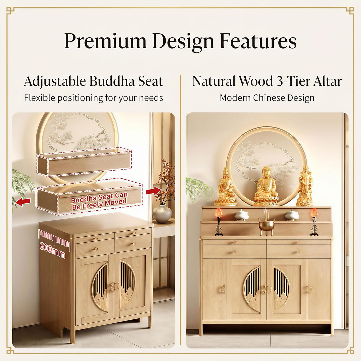 Solid Wood Frame Buddhist Altar Cabinet, Personal Shrine Altar Table with Storage Drawer, Chinese Cabinet Pedestal Offering Table Buddhist Prayer (Natural, 49.6" L * 23.6" W * 50" H in, Wood)