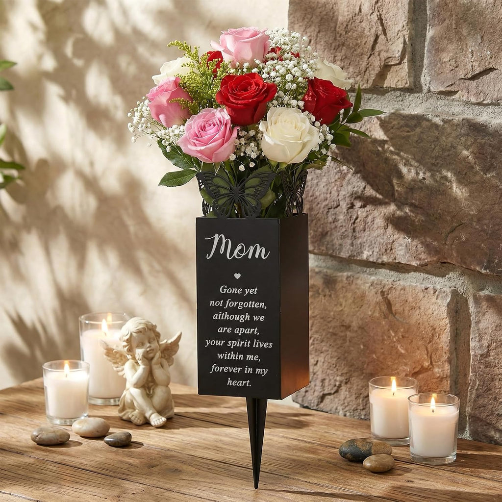 Geosar Cemetery Vases for Grave Metal Flower Butterfly Memorial Flower Holder with Spike Grave Marker Floral Cemetery Funeral for Mom Grandma Lawn Yard Outdoor Funeral(Fresh)