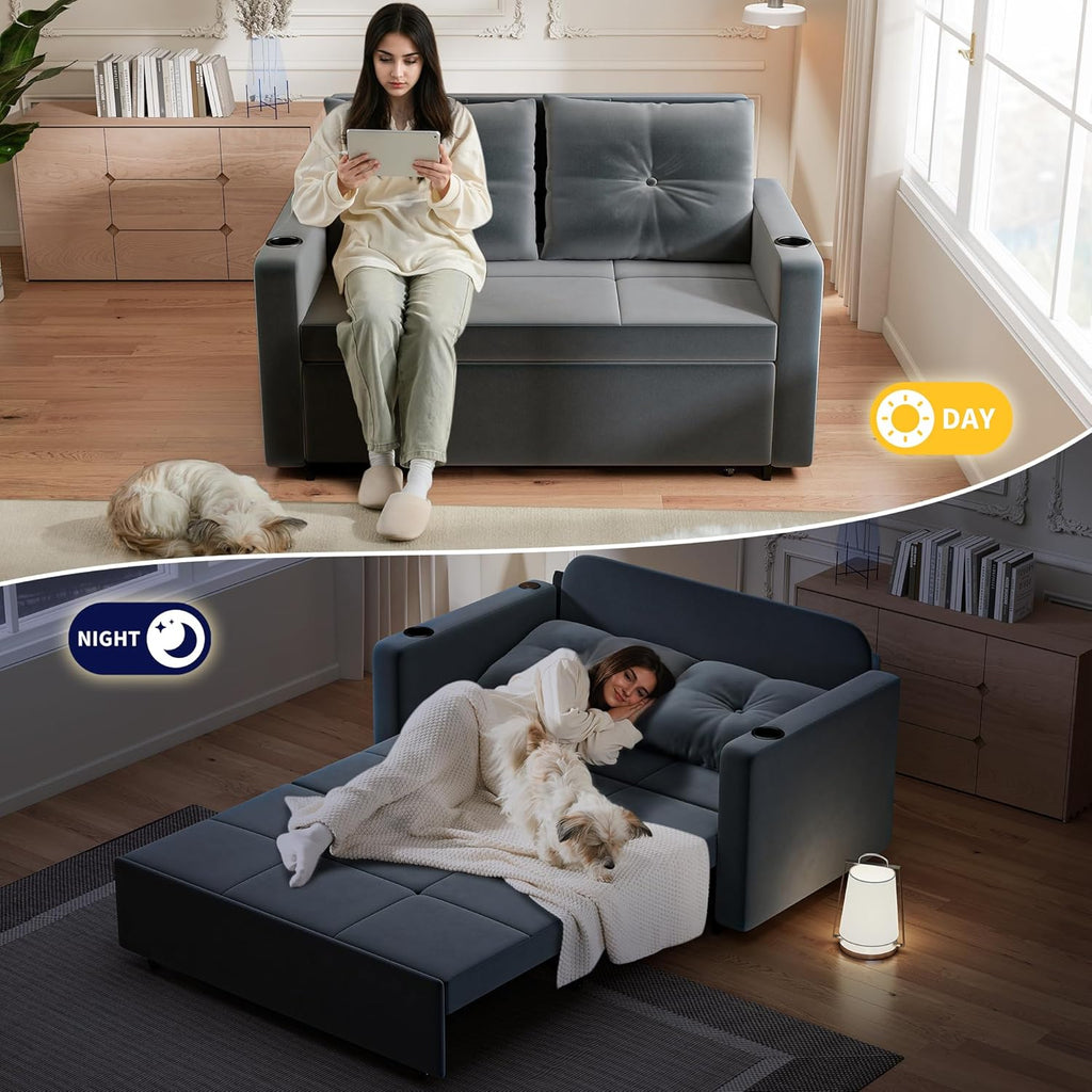 Krcix 3 in 1 Pull Out Couch, 56 Inch Velvet Sofa Bed, Convertible Sleeper Sofa for Living Room, Small Space, Upholstered Loveseat Couch Bed with USB, Cup Holder Charcoal Grey