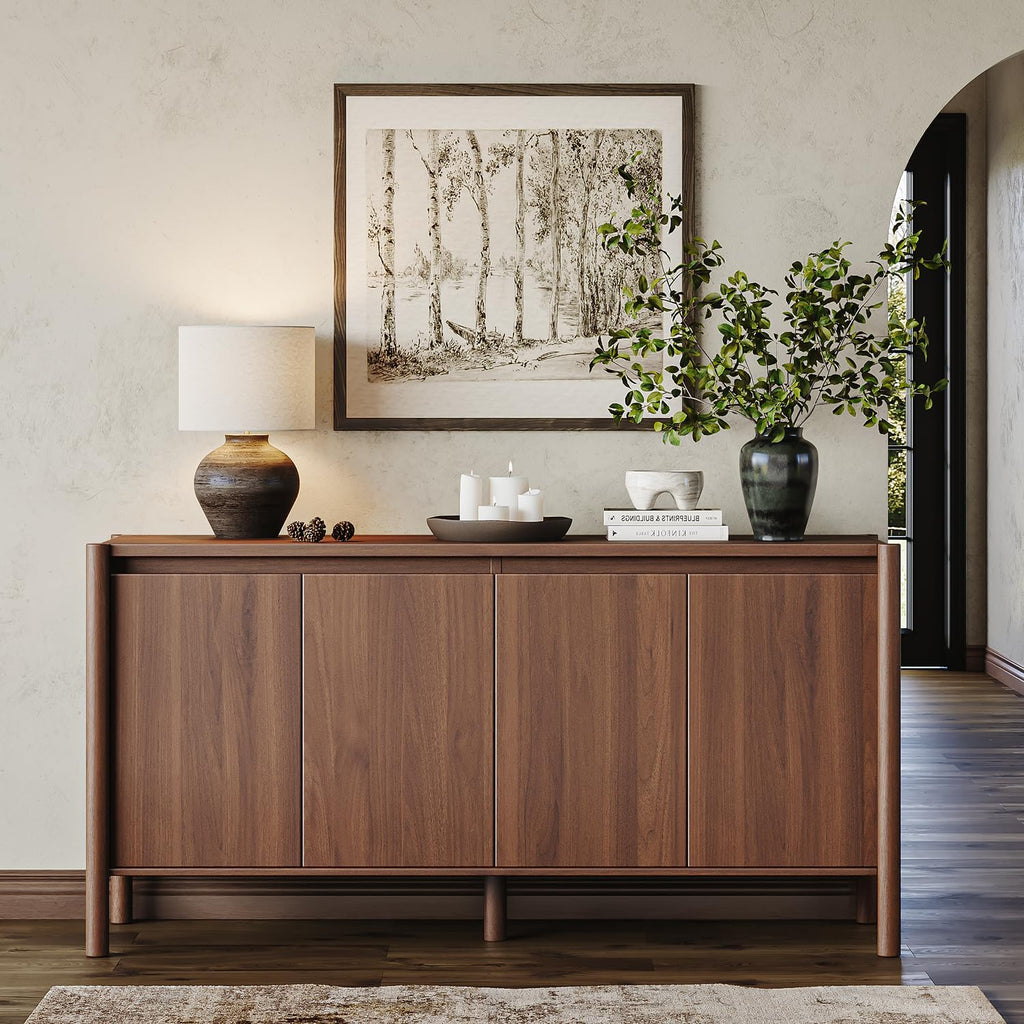 CHUWELL 59" Walnut Sideboard Buffet Cabinet, Mid Century Modern Storage Cabinet with 4 Doors & Adjustable Shelves, Coffee Bar Table with Solid Wood Legs for Dining Room, Living Room