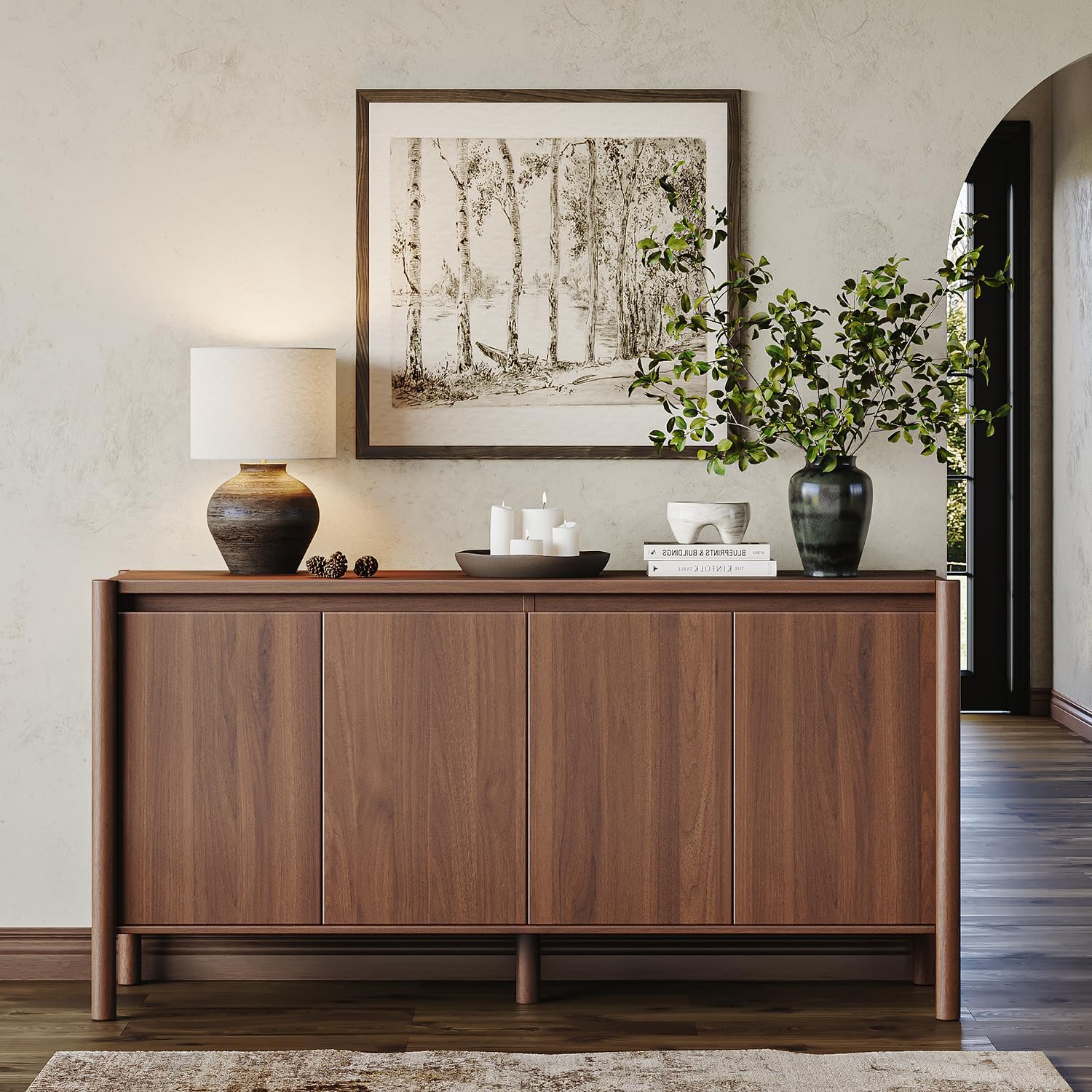 CHUWELL 59" Walnut Sideboard Buffet Cabinet, Mid Century Modern Storage Cabinet with 4 Doors & Adjustable Shelves, Coffee Bar Table with Solid Wood Legs for Dining Room, Living Room