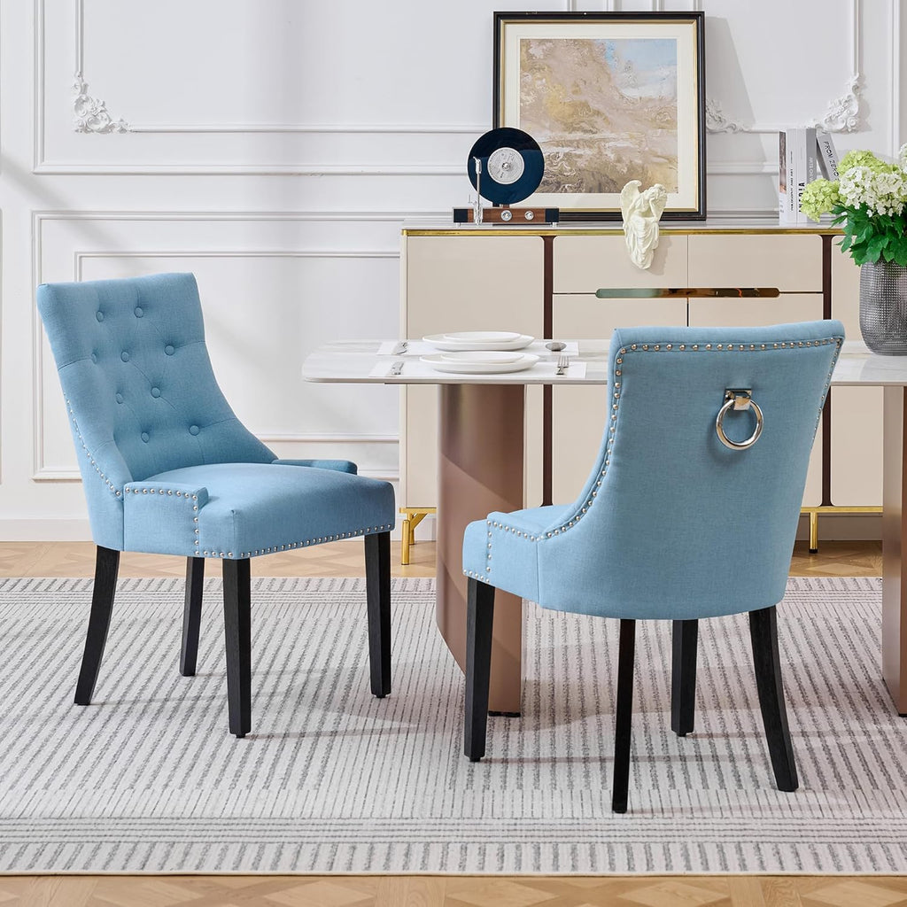 adochr Dining Chairs Set of 6, Upholstered Fabric Dining Room Chairs with Nailhead High Back & Ring Pull & Wooden Legs, Mid-Century Modern Kitchen Chairs for Restaurant, Living Room, Light Blue