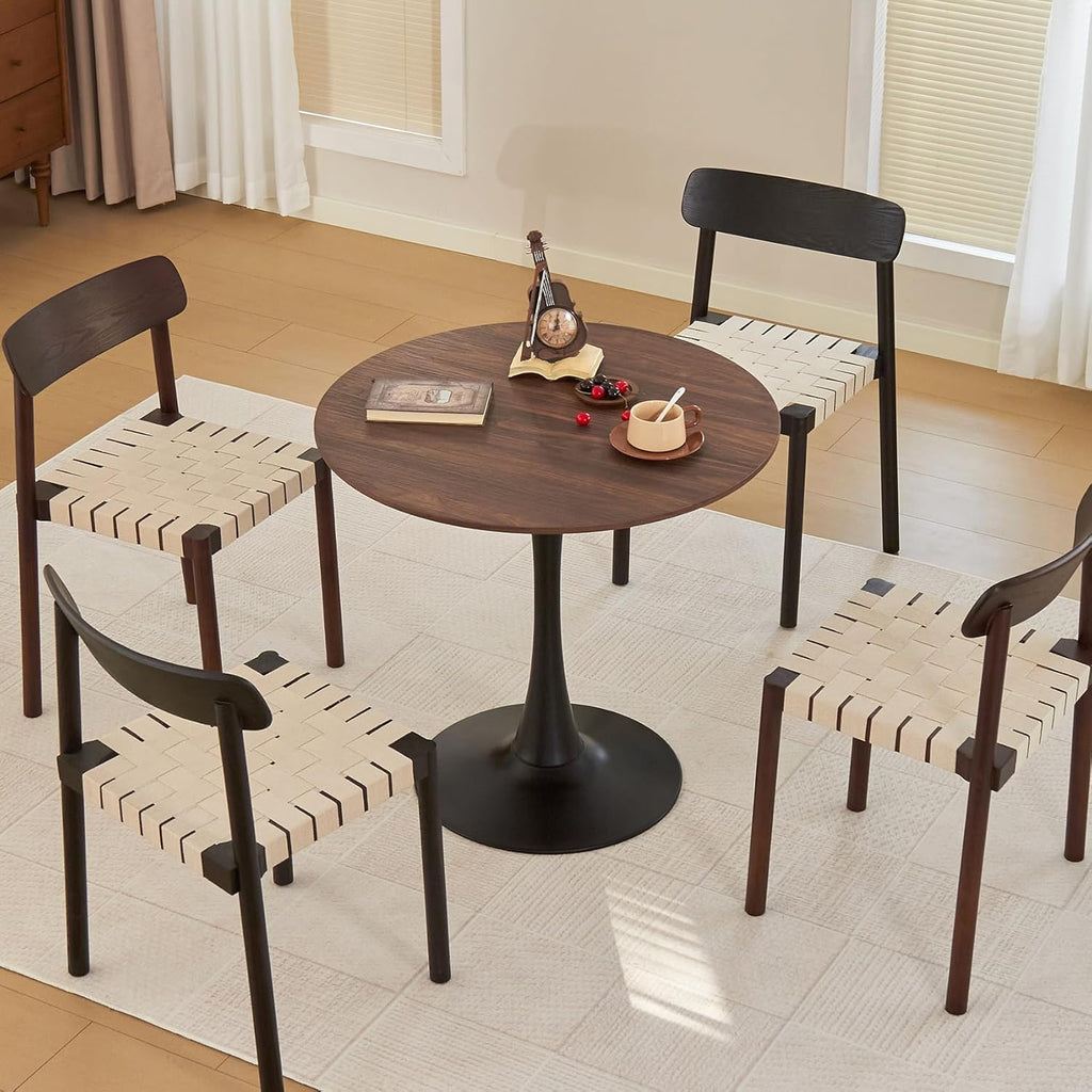 Round Dining Table 31.5" Circle Tulip Table with Thick Tabletop & Metal Pedestal, Mid-Century Modern Bistro Table for Kitchen, Living Room or Cafe, Faux Walnut