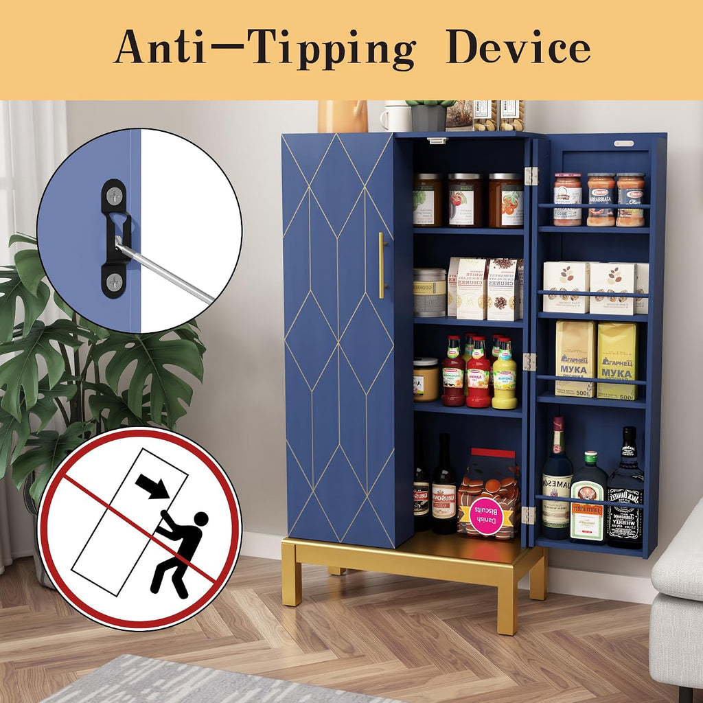 HOLTICO 45'' Kitchen Pantry Cabinet,Storage Cabinet with Doors and Adjustable Shelves,Food Pantry for Kitchen, Dining Room,Living Room and Garage,Gold Lines and Legs, Blue
