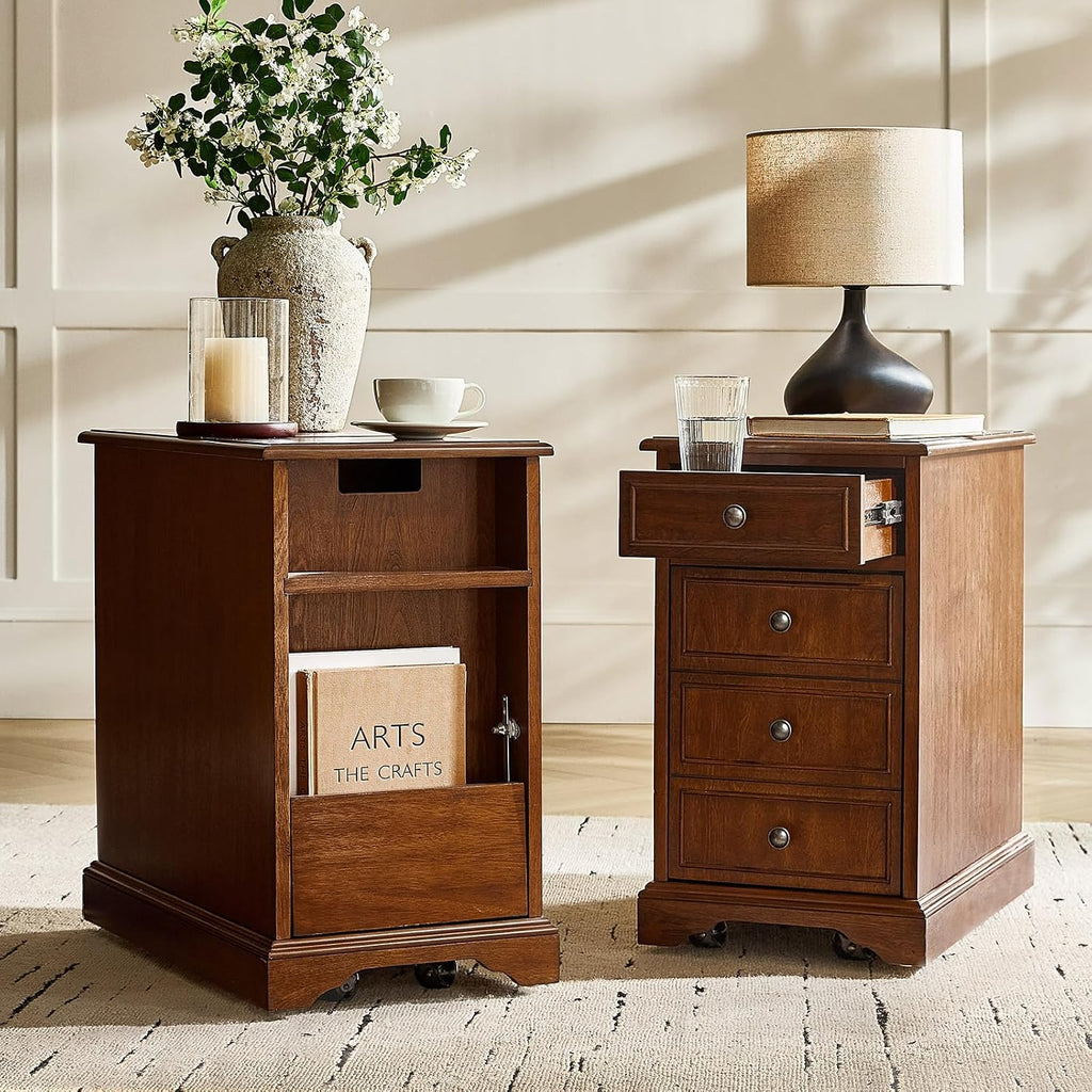 25" Tall Traditional End Table with Rolling Casters & Charging Station, Wooden Side Table with Cup Holder Tray, Openable Magazine Rack & Adjustable Shelves, Walnut