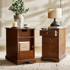 25" Tall Traditional End Table with Rolling Casters & Charging Station, Wooden Side Table with Cup Holder Tray, Openable Magazine Rack & Adjustable Shelves, Walnut