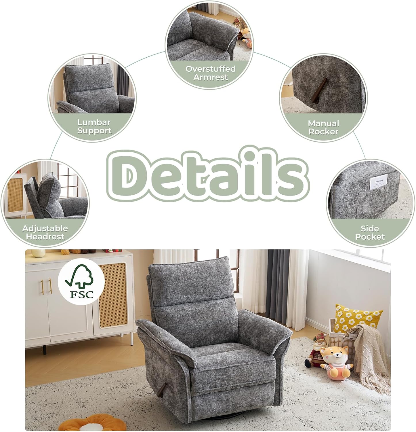 Oversized Swivel Rocker Recliner with Adjustable Headrest, Rocking Chair Nursery with Overstuffed Armrest, Manual Rocker Recliner Nursery Chair for Living Room, Dark Grey