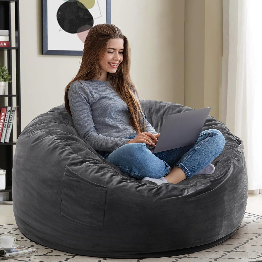 Kromax Bean Bag Chair with Filling Included, Large 4FT Comfy Bean Bag Chairs for Adults, Teens, Memory Foam, Machine Washable Thick Dutch Velvet Cover, for Living Room, Den, or Bedroom, Dark Grey