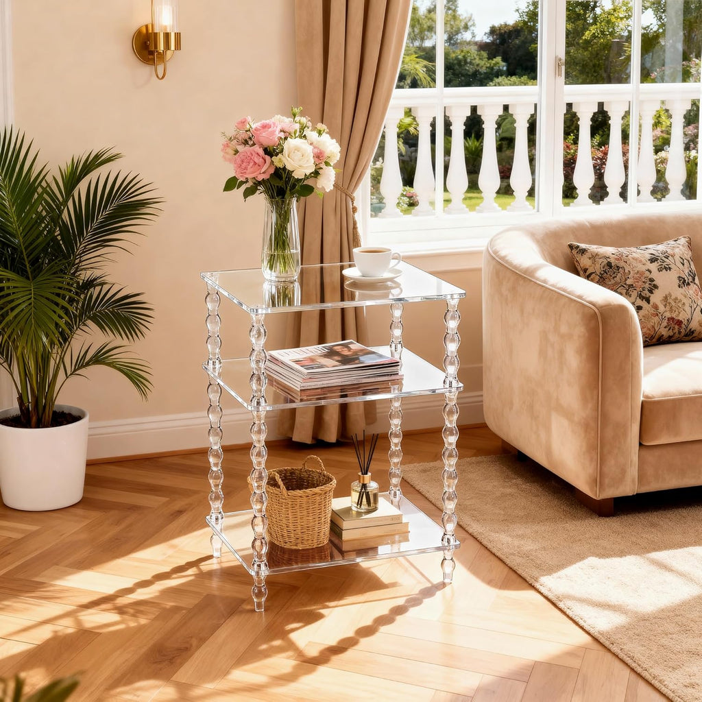 Acrylic Side Table Clear 3-Tier End Table for Living Room, Office, Hallway, Bedroom,Bathroom (Clear, Nomal)