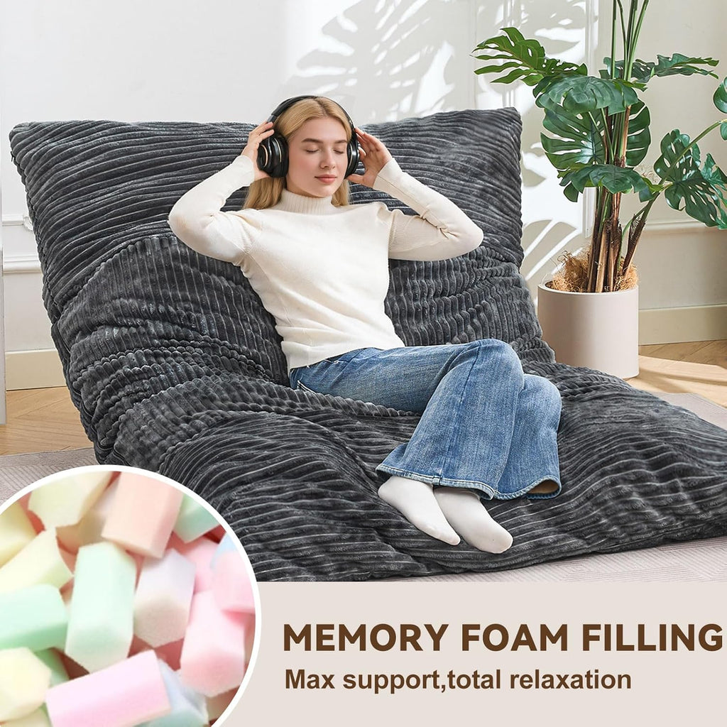 3 in 1 Giant Bean Bag Chair for Adults & Kids, Floor Futon Mattress, Couch & Floor Cushion, Comfy Reading Lounge Sofa, Soft Corduroy Washable Cover for Bedroom, Living Room & Dorm, Black