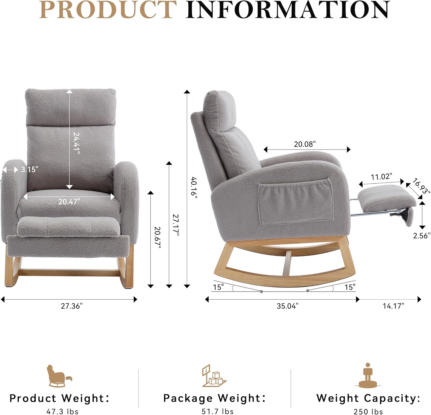 Adulto Wooden Rocking Chair Indoor Outdoor, Teddy Fabric Nursery Rocki,A8 | Features 15° gentle rocking motion, adjustable footstool, thickened headrest, side storage pocket, and solid wood base w