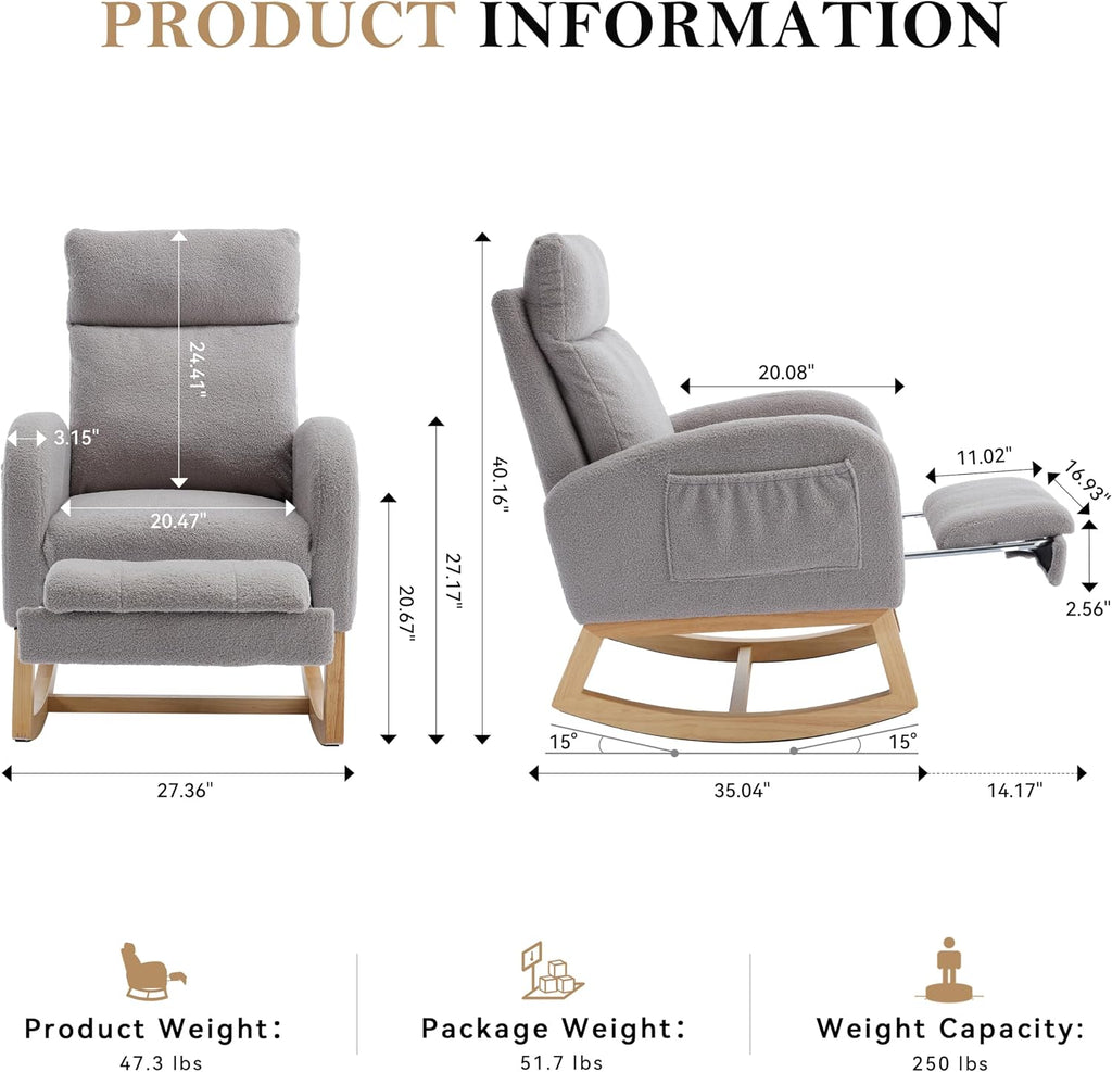 Rocking Chair, Nursery Rocking Chair, Teddy Fabric Accent Chair with Adjustable Footrest, Headrest, Side Pocket, Solid Wood Base, Light Gray
