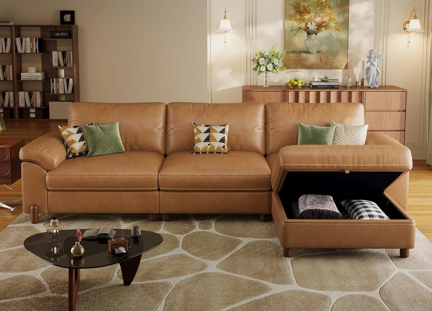 SITJOY Oversized Sectional Couches for Living Room, Extra Large Deep Seat Couch with Chaise, 118" Wide Couch, 3 Seater L Shaped Couch with Storage Ottoman, Pet-Friendly Leather in Brown