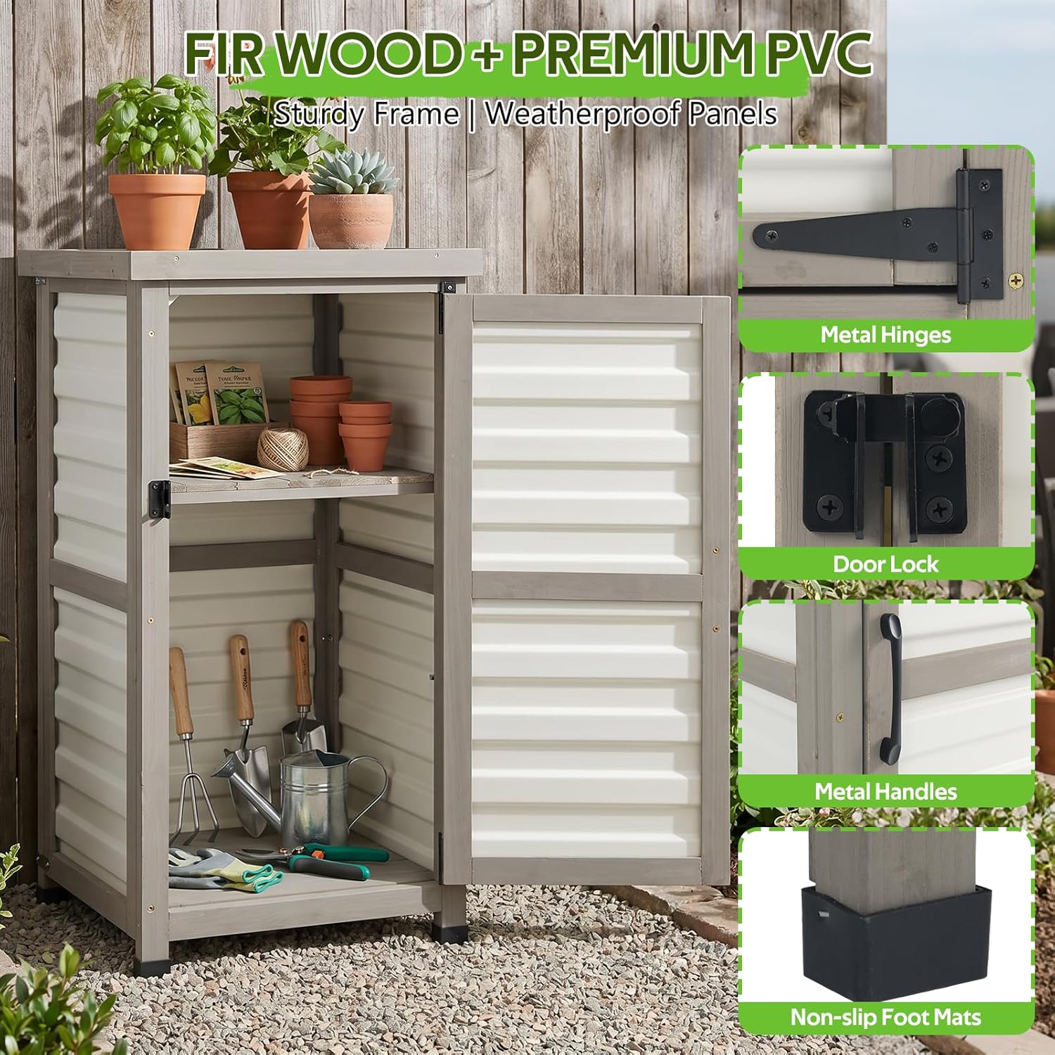 Small Outdoor Storage Cabinet with Metal Top, 2-Tier Patio Potting Bench & Garden Tool Organizer, Adjustable Shelf Corner Storage Cabinet for Balcony Backyard Porch