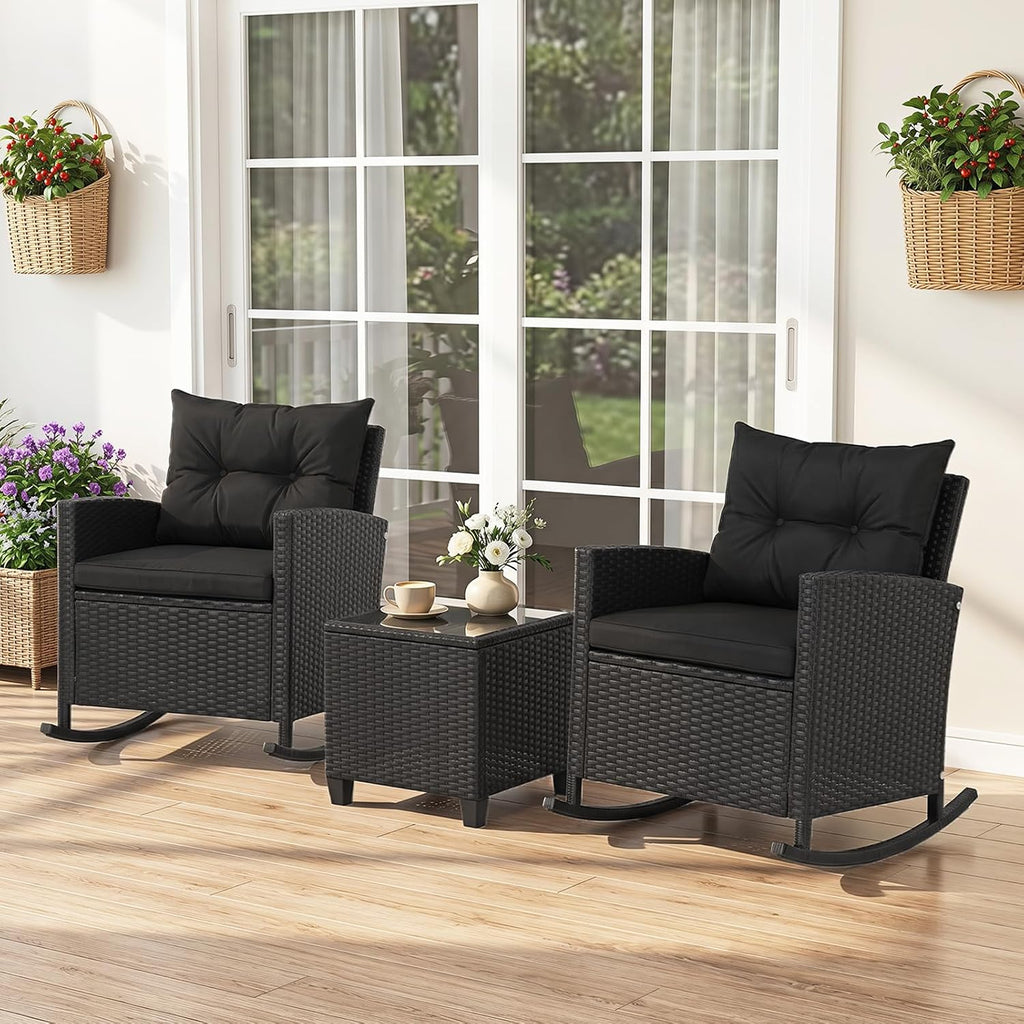 Tangkula 3 Piece Wicker Rocking Set, Patio Rattan Roker Chairs with Tempered Glass Table & Soft Cushions, Outdoor Furniture Set for Backyard, Poolside Porch