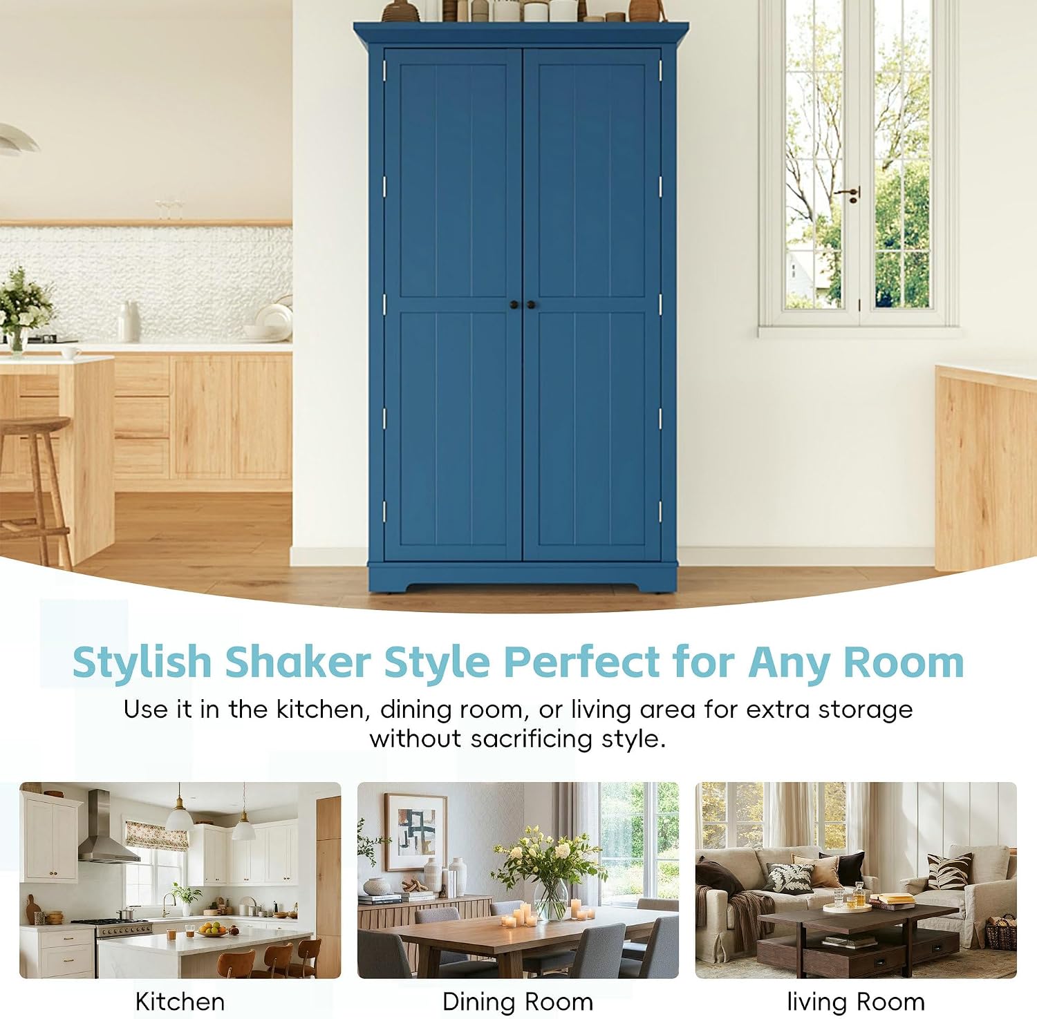 LUMISOL Kitchen Pantry with Drawers, 72" Tall Freestanding Cupboard Storage Cabinets with Door Shelves & Pull-Out Trays, Dining Storage Cabinet Cupboard with Adjustable Shelves, for Dining Room, Blue