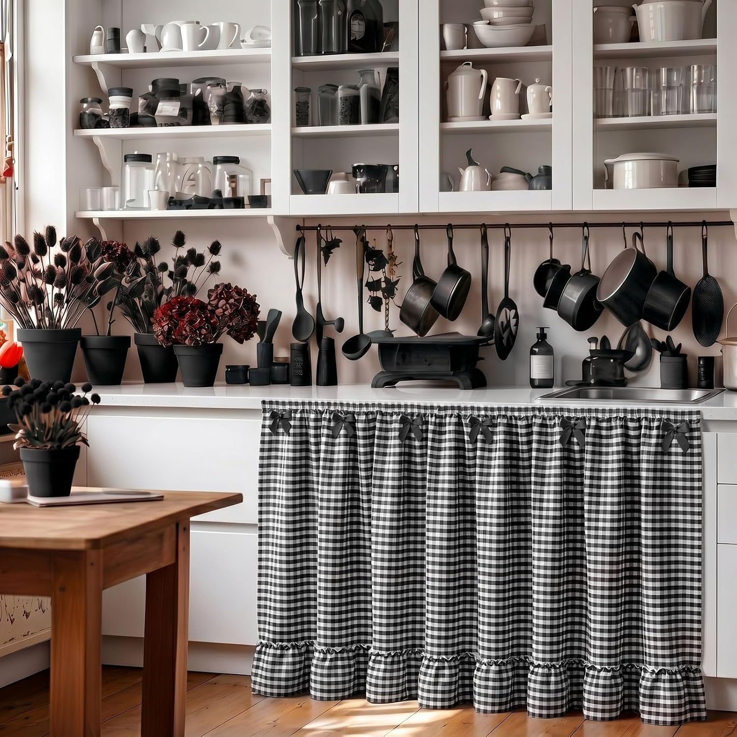 Tudomro Cabinet Curtains 56" x 28" Sink Skirt for Bathroom Kitchen Office Desk Black Ruffle Gingham Cabinet Curtains for Classroom Office Home Drape Under Desk Privacy Drape for Laundry Room