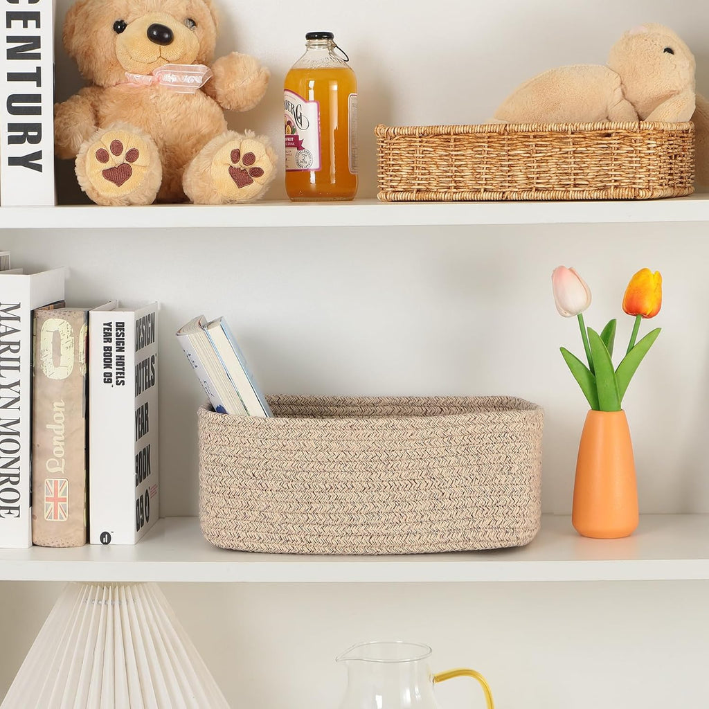MiniArk Small Storage Baskets for Organizing | Closet Organizer Bins | Shelf Toy Basket | Woven Rope Baskets | Cube Decorative Box | Shallow Basket | L11.5xW7.5xH4.7| Brown