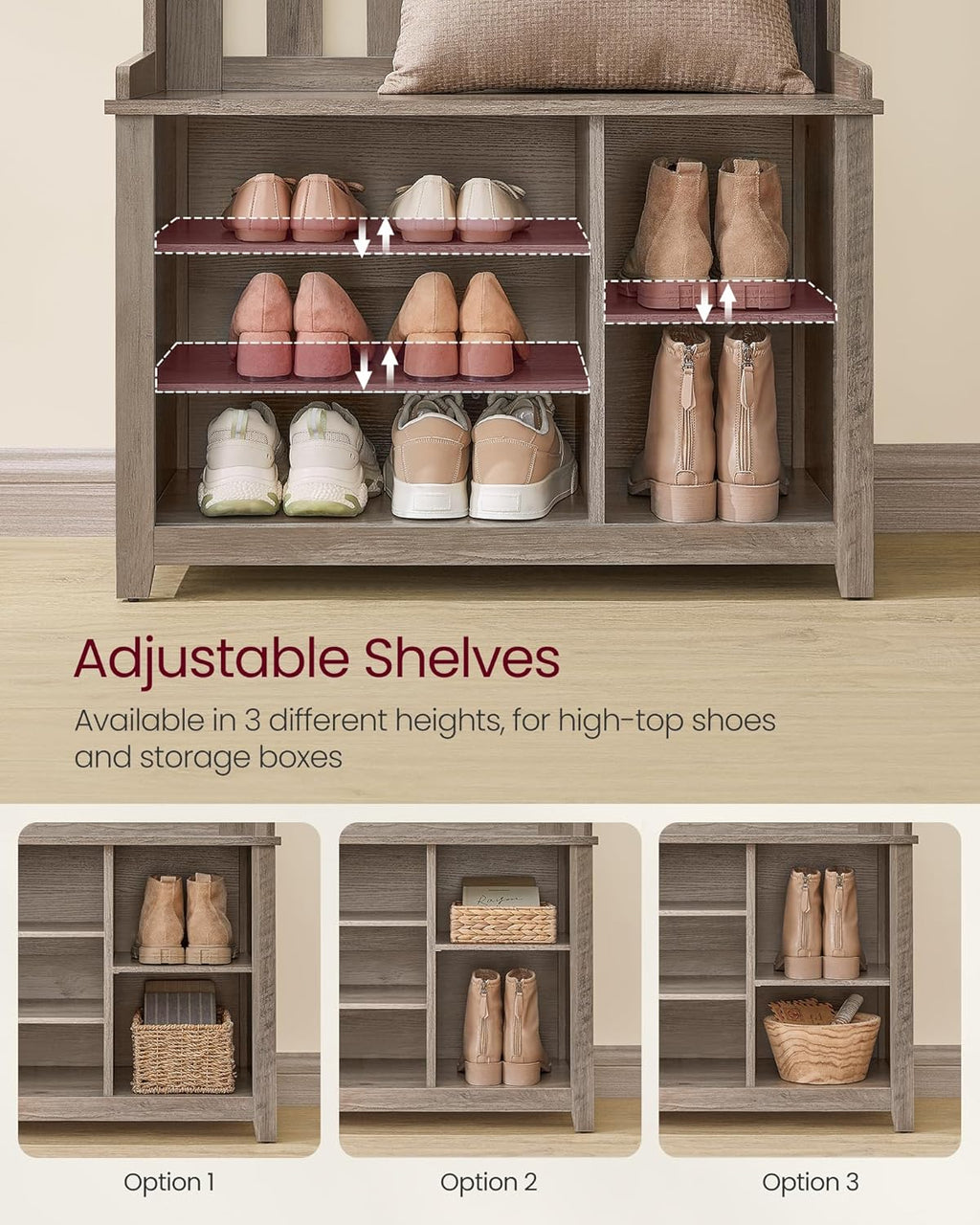 VASAGLE Hall Tree with Bench and Shoe Storage, Coat Rack with Shoe Bench, 7 Double Hooks for Jackets, Hats, Entryway, Bedroom, Living Room, 13.8 x 31.9 x 70.9 Inches, Heather Greige UHSR414G01