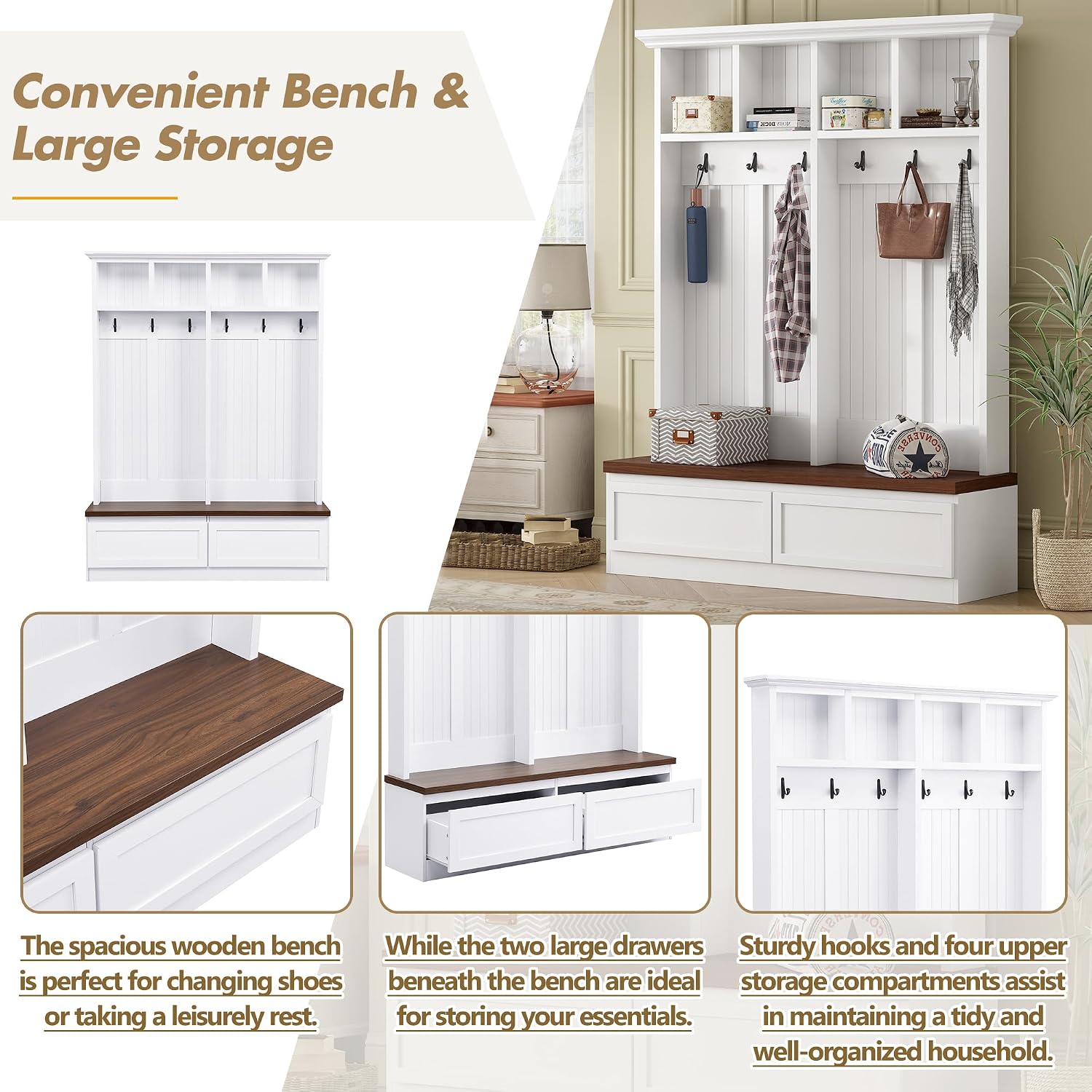 Merax Wood Hall Tree Entryway Bench with 6 Hooks, Farmhouse Mudroom Versatile Coat Racks with 2 Large Drawers Entrance Organizer for Hallway White