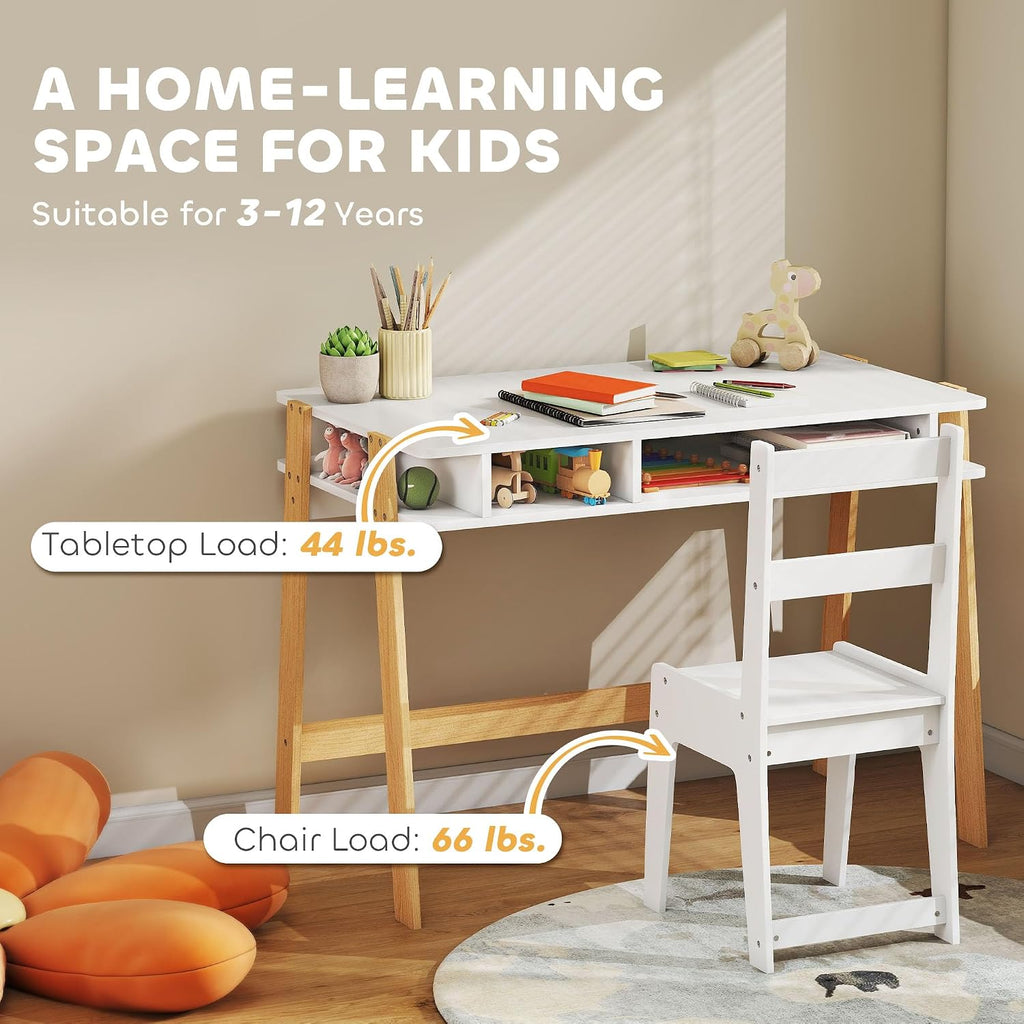 Qaba Kids Desk and Chair Set for 3-12 Years Old, Children Study Desk with Storage Compartment, Student Writing Table Computer Workstation for Home Bedroom School Use