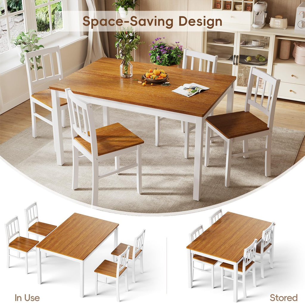 Dining Table Set for 4, Farmhouse Kitchen Table and Chairs with Rubber Wood Legs, Space-Saving Dinette Set, 5 Pieces Dining Table with Chairs for Small Spaces Kitchen Dining Room. Brown