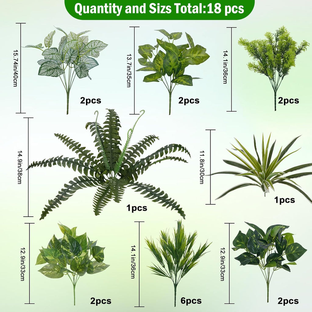 18 Bundles Artificial Greenery for Outdoors, Artificial Outdoor Plants UV Resistant Fake Spider Fern Coleus Plant Faux Bushes Leaves for Outside Window Box Patio Garden Front Porch Yard Summer Decor